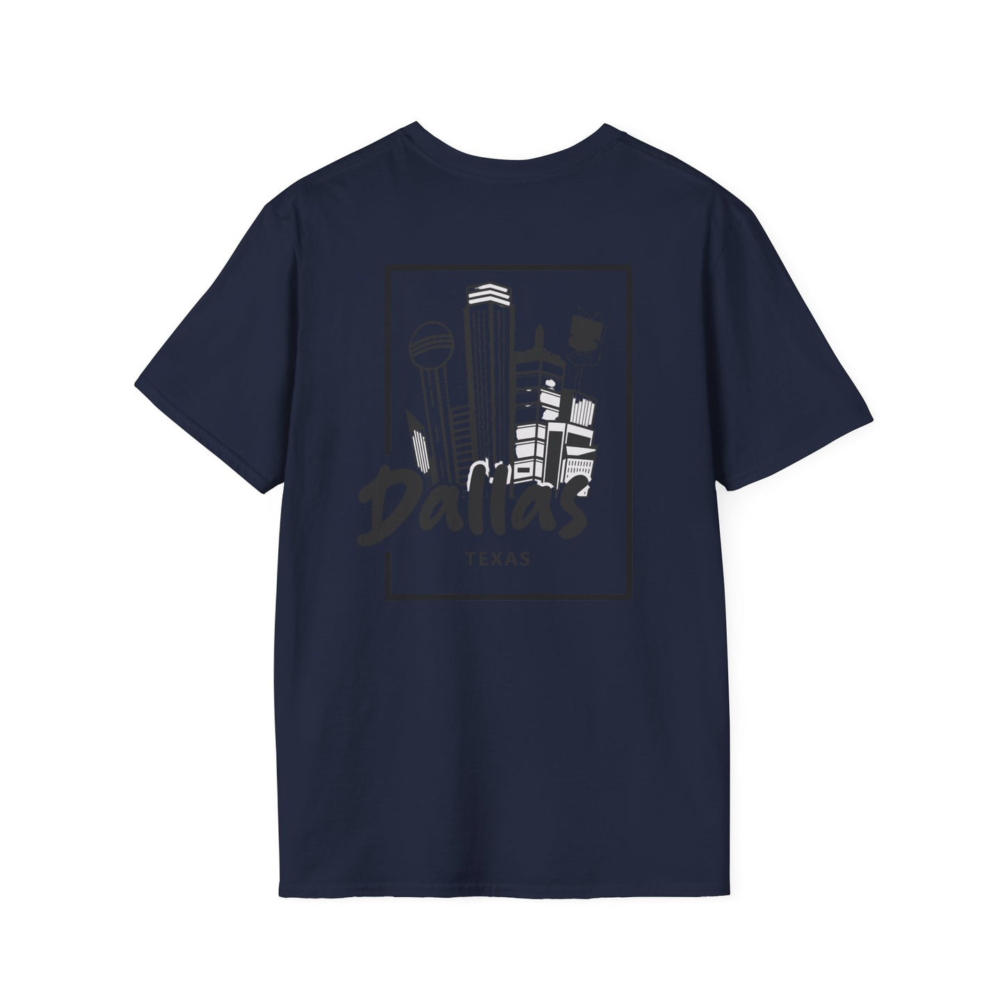 Dallas Skyline T-Shirt — Texas Cityscape Tee with Outline Pocket Map