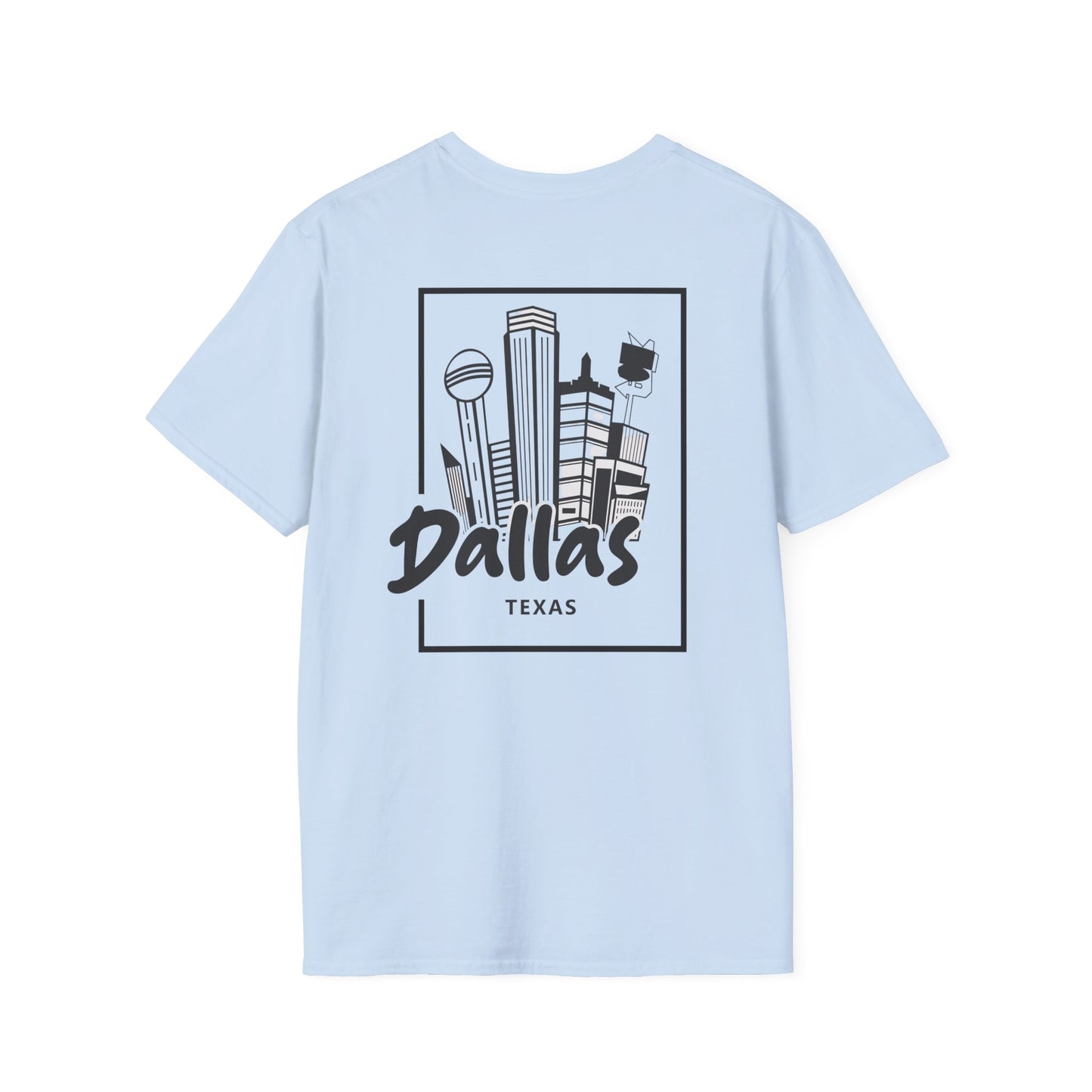 Dallas Skyline T-Shirt — Texas Cityscape Tee with Outline Pocket Map