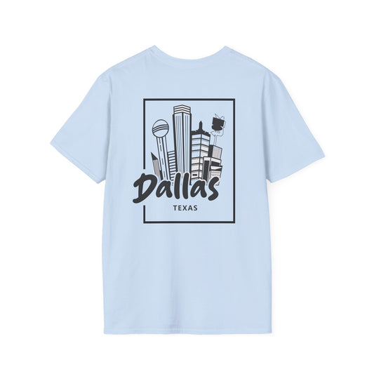 Dallas Skyline T-Shirt — Texas Cityscape Tee with Outline Pocket Map