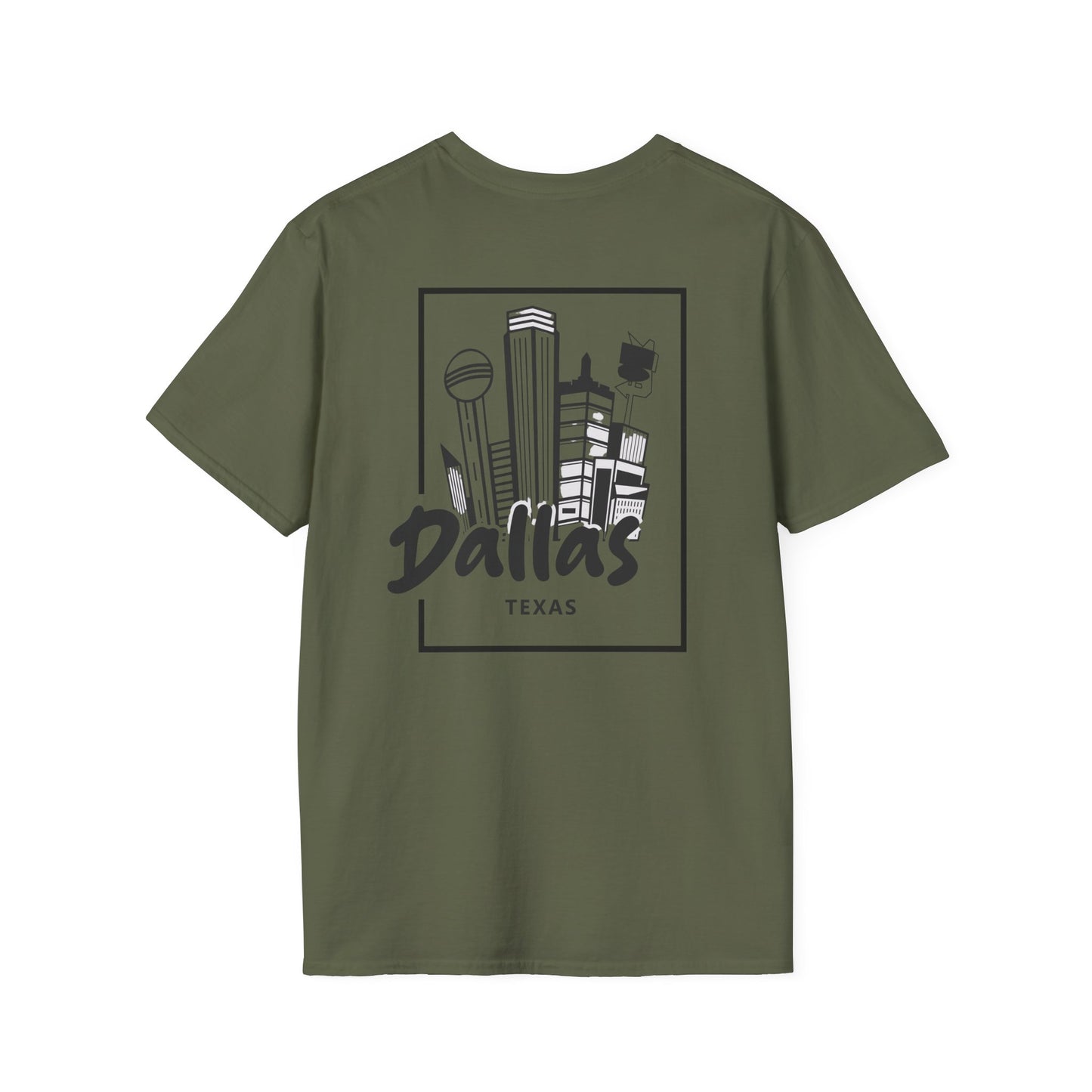 Dallas Skyline T-Shirt — Texas Cityscape Tee with Outline Pocket Map